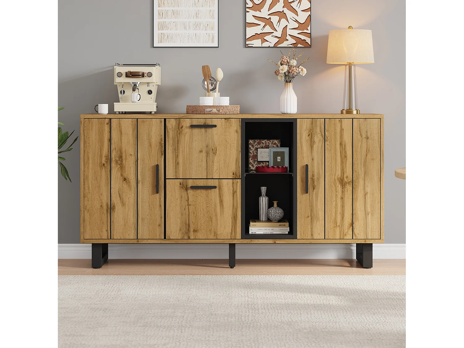 Buffet 160x40x73 cm - 2 portes et 2 tiroirs - Éclairage LED - Étagère en verre - Aspect bois - MDF - Naturel + Noir