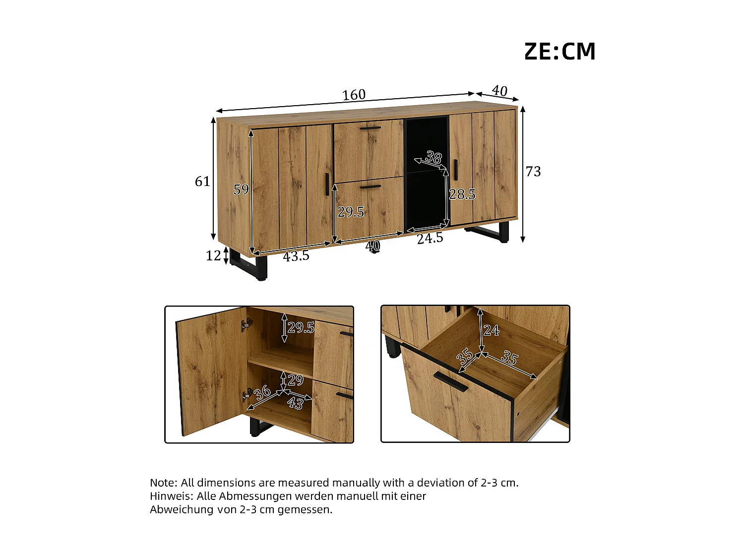 Buffet 160x40x73 cm - 2 portes et 2 tiroirs - Éclairage LED - Étagère en verre - Aspect bois - MDF - Naturel + Noir