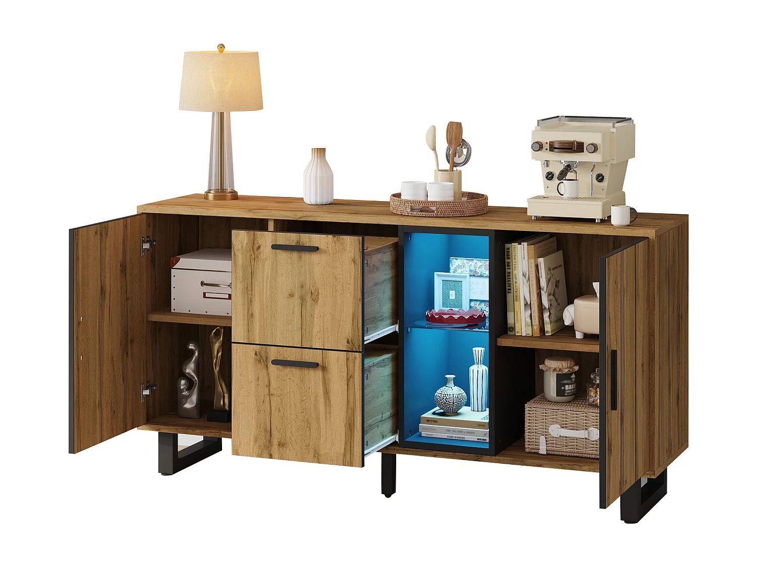 Buffet 160x40x73 cm - 2 portes et 2 tiroirs - Éclairage LED - Étagère en verre - Aspect bois - MDF - Naturel + Noir