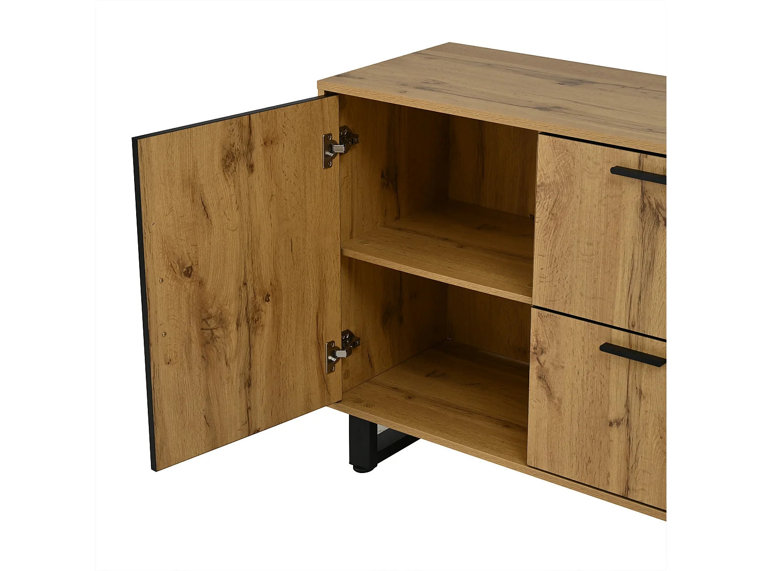 Buffet 160x40x73 cm - 2 portes et 2 tiroirs - Éclairage LED - Étagère en verre - Aspect bois - MDF - Naturel + Noir