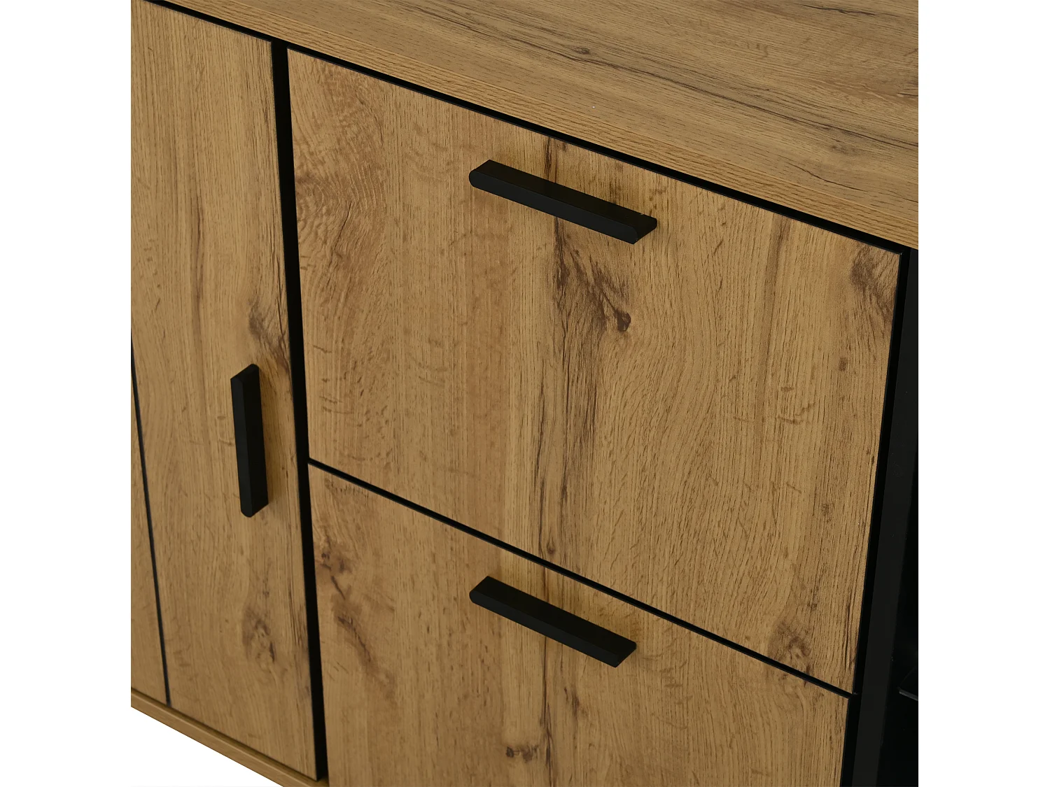Buffet 160x40x73 cm - 2 portes et 2 tiroirs - Éclairage LED - Étagère en verre - Aspect bois - MDF - Naturel + Noir