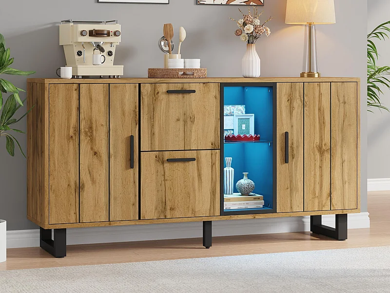 Buffet 160x40x73 cm - 2 portes et 2 tiroirs - Éclairage LED - Étagère en verre - Aspect bois - MDF - Naturel + Noir