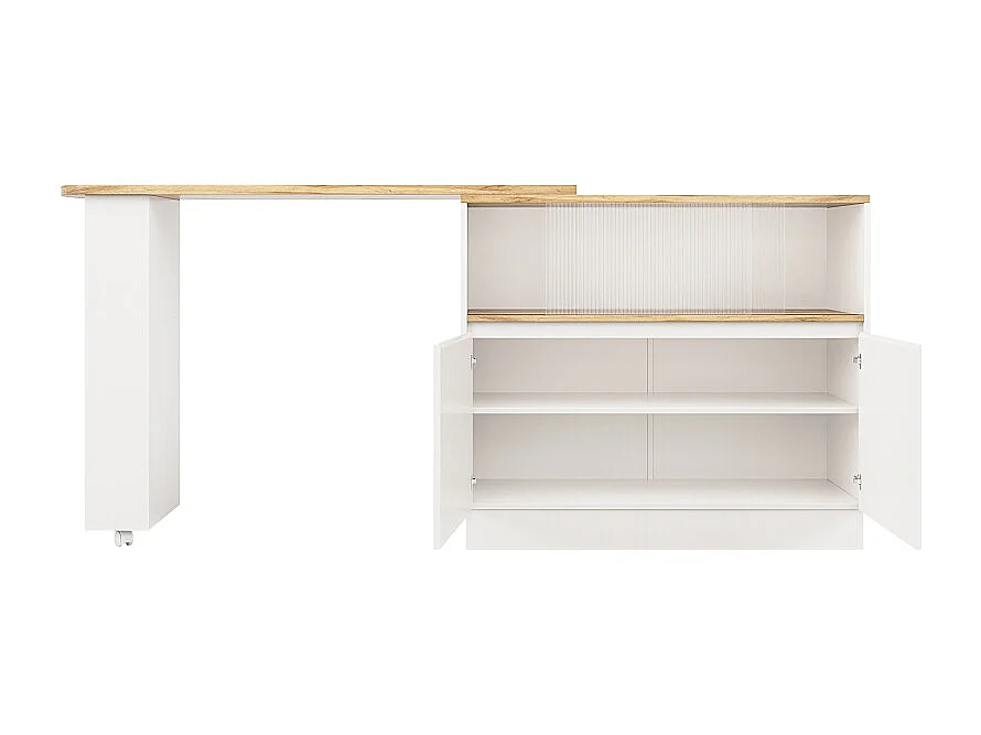 Meuble de bar pivotant avec étagères et verre portes - Blanc et naturel clair