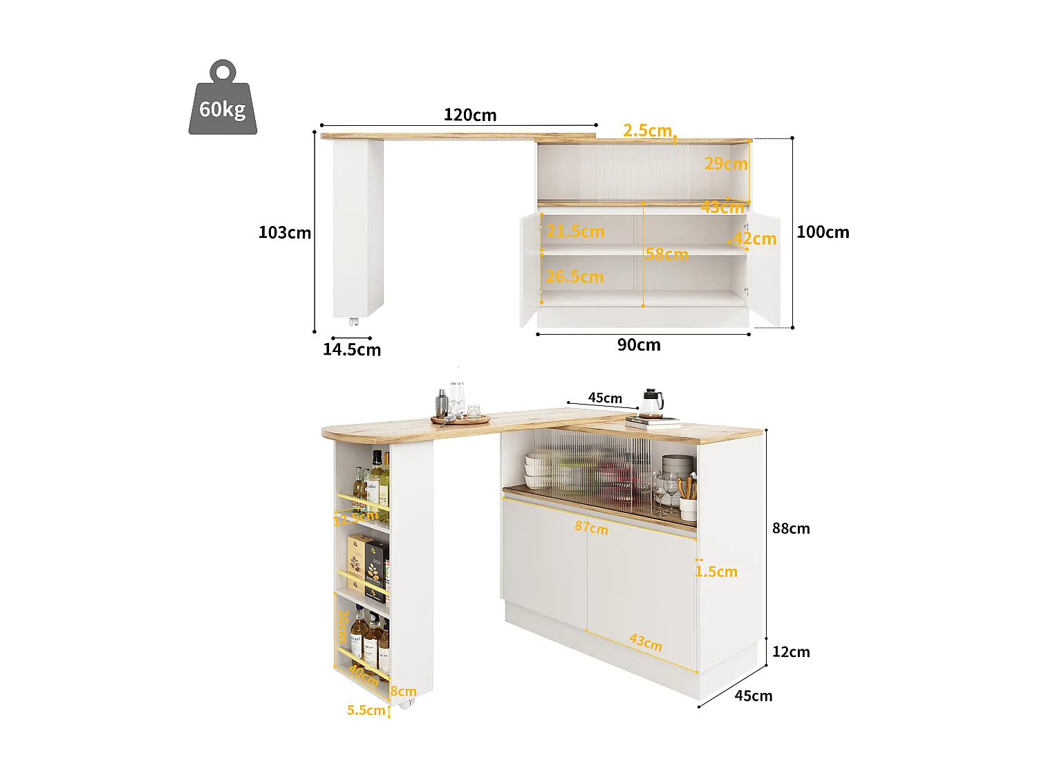 Meuble de bar pivotant avec étagères et verre portes - Blanc et naturel clair