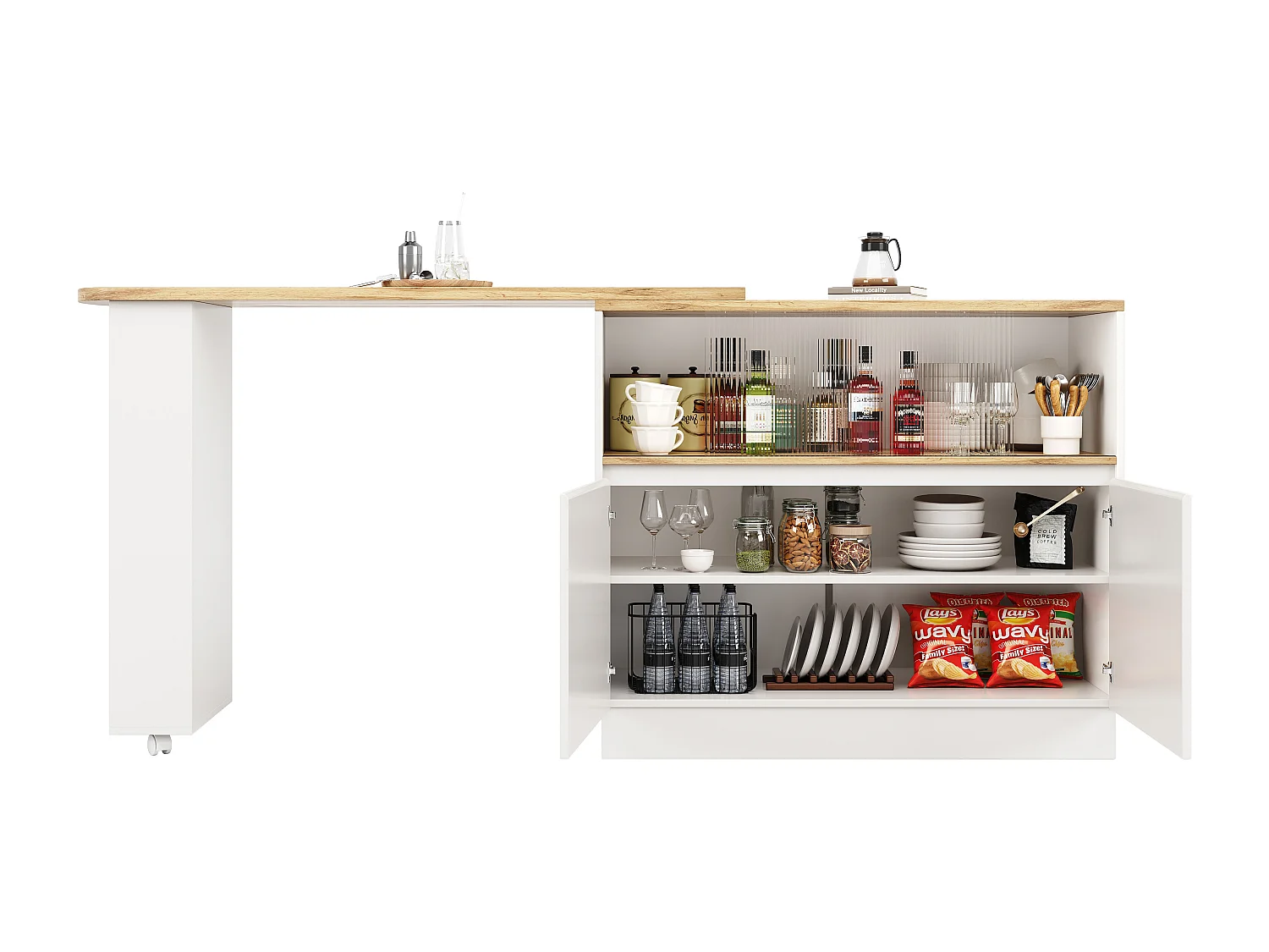 Meuble de bar pivotant avec étagères et verre portes - Blanc et naturel clair