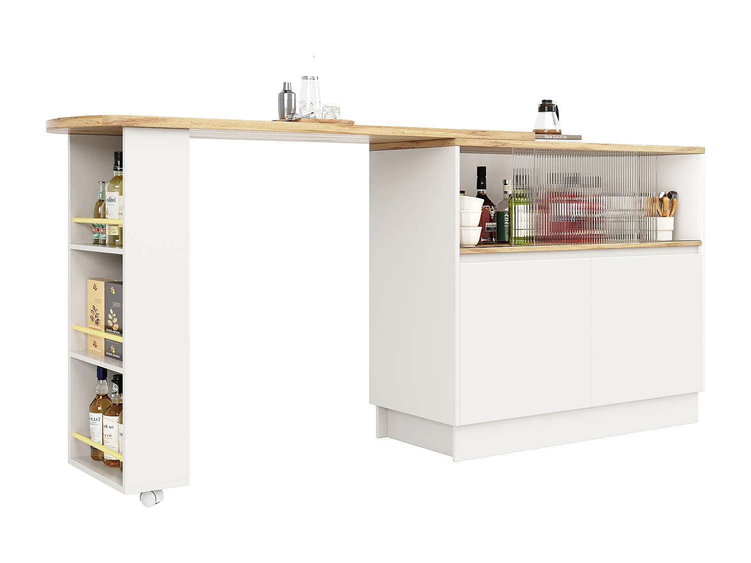 Meuble de bar pivotant avec étagères et verre portes - Blanc et naturel clair