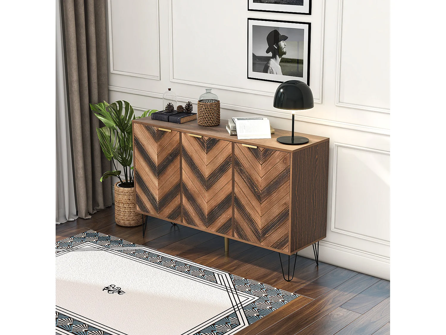 Dressoir met drie deuren - Concaaf en convex patroon - Donker naturel en zwart