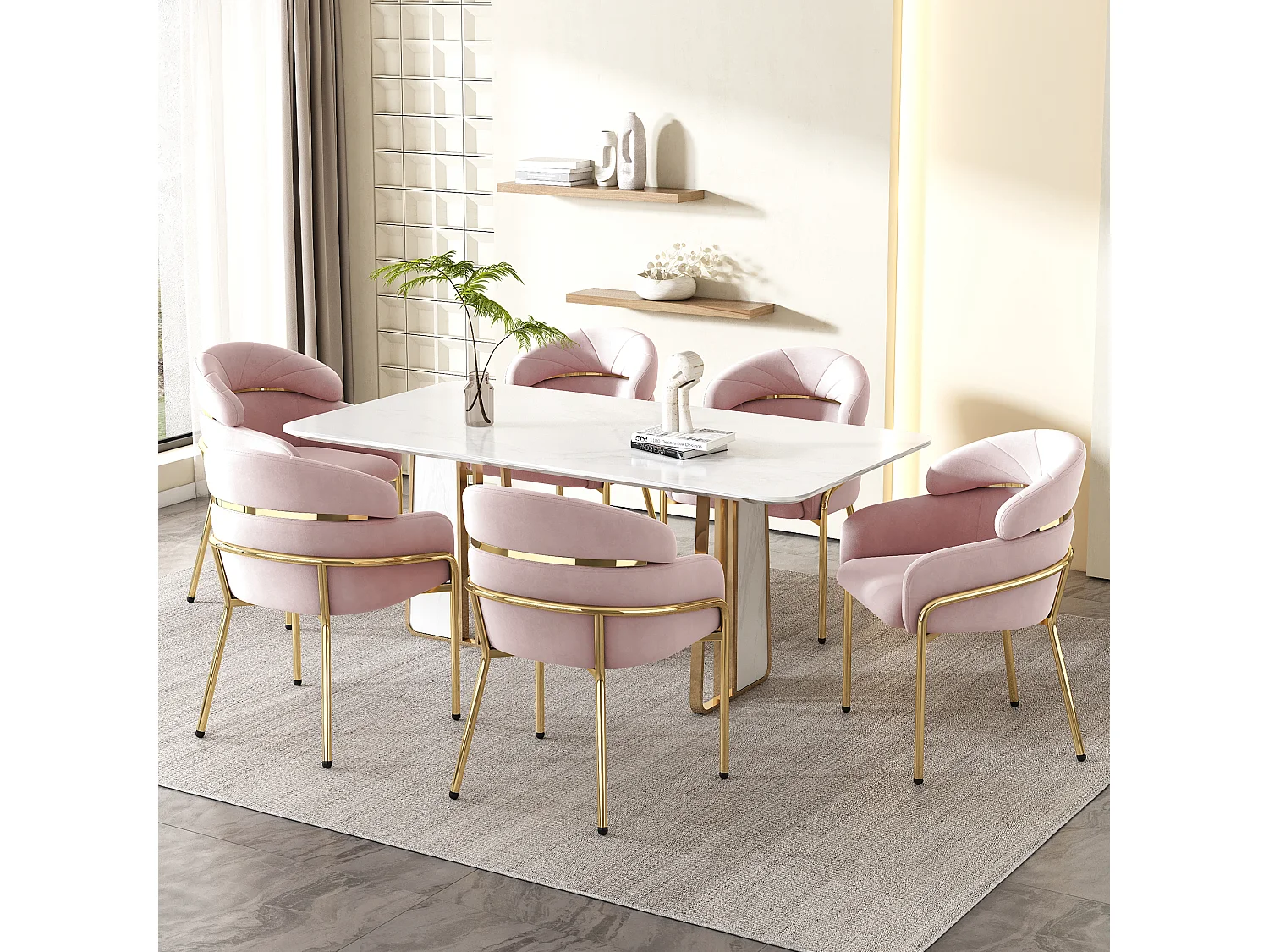 Set van 6 fluwelen make-upstoelen - 56,9 x 54,5 x 79 cm - voor woonkamer en slaapkamer - 4 metalen poten - roze