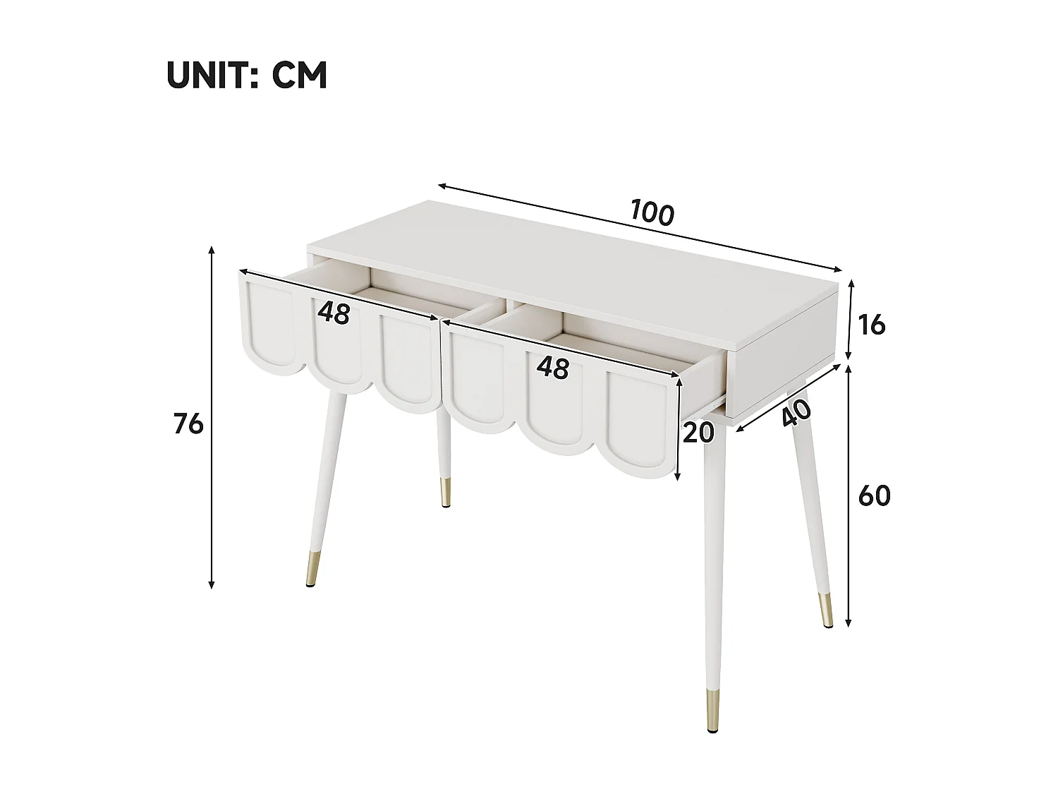 Schminktisch 100x40x76cm - mit 2 Schubladen - Tischfüße aus Metall - Weiß