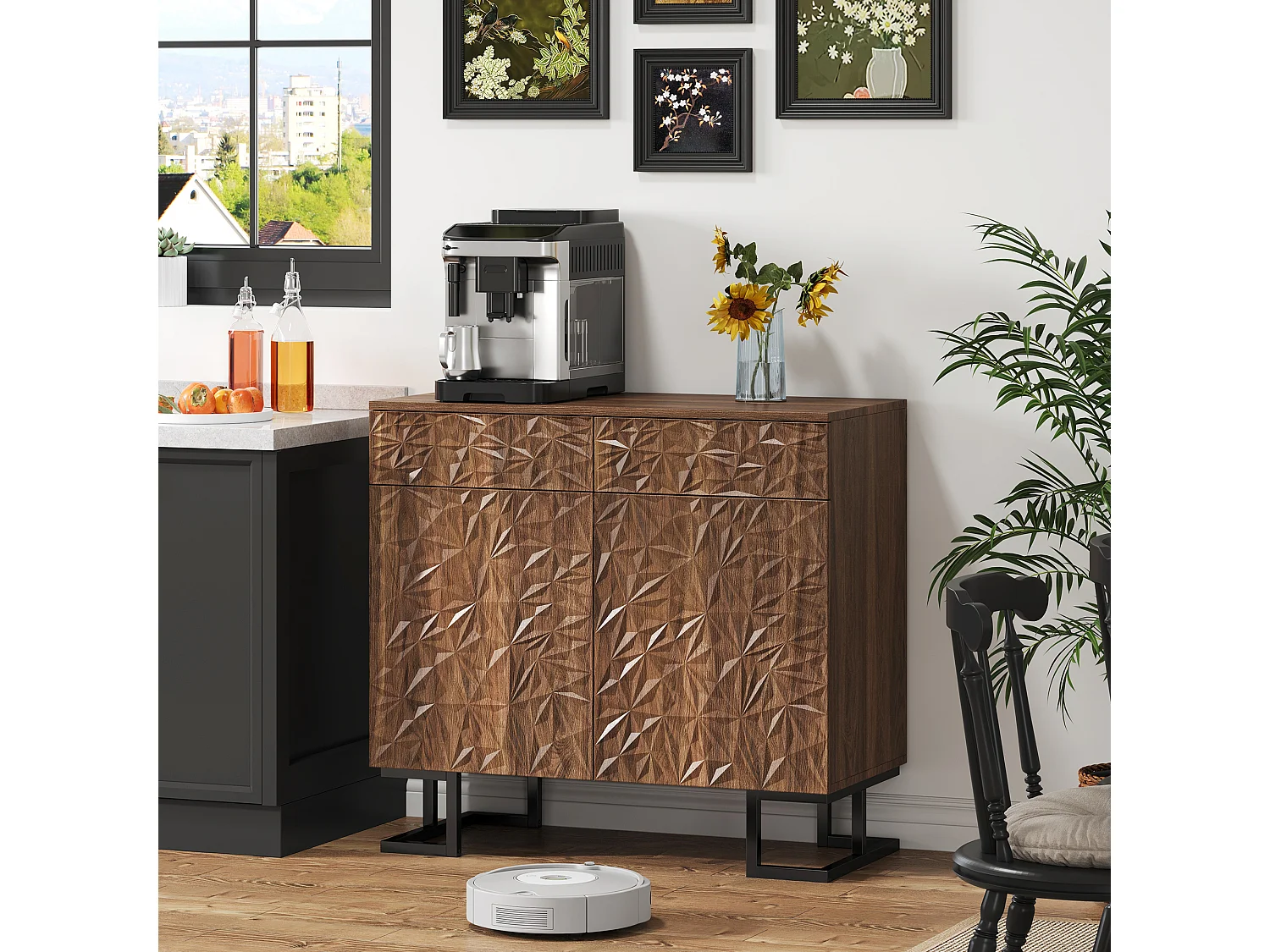 Buffet avec 2 portes et 2 tiroirs 80x40x78cm - Pieds en métal - Marron