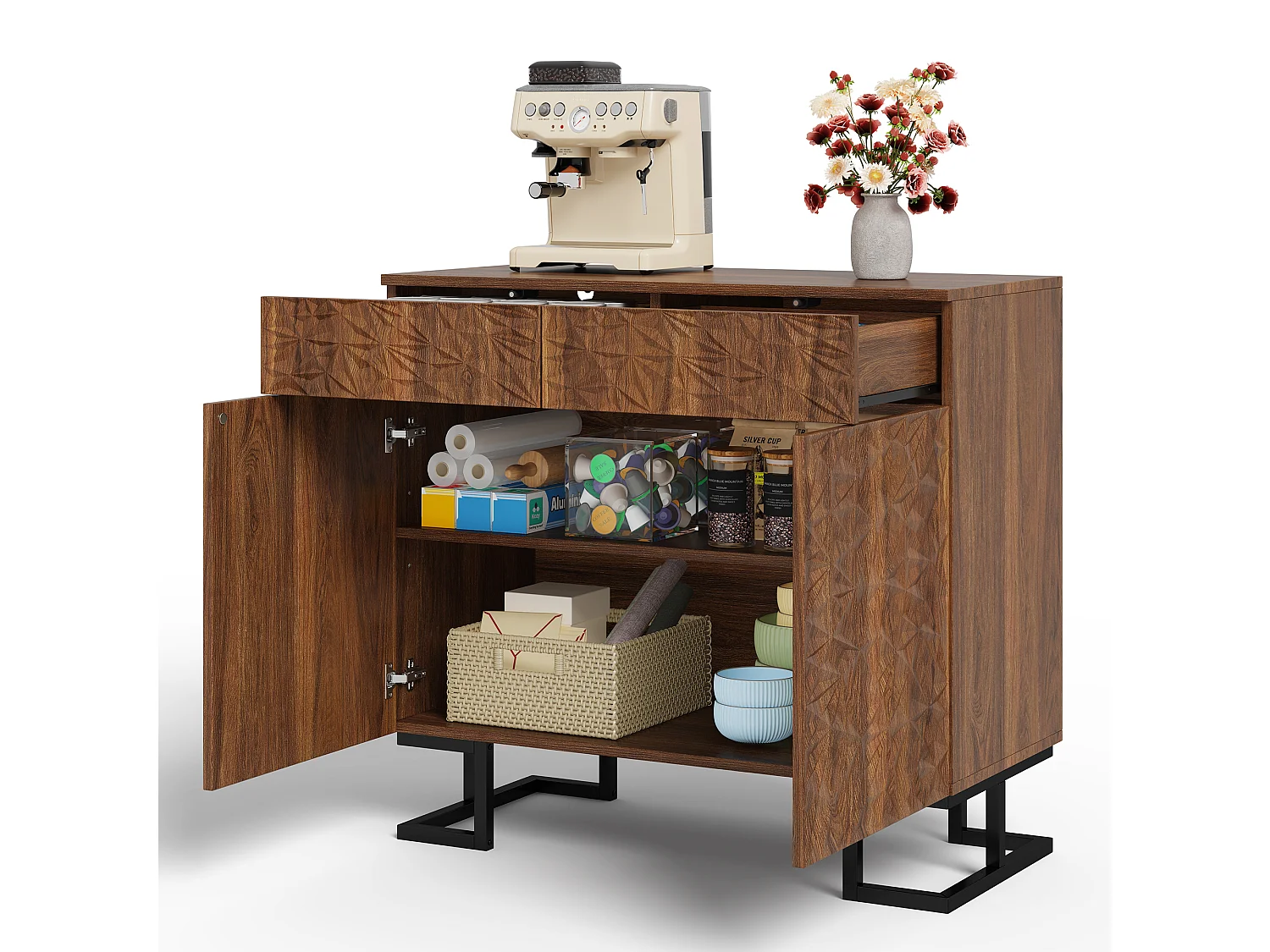 Buffet avec 2 portes et 2 tiroirs 80x40x78cm - Pieds en métal - Marron