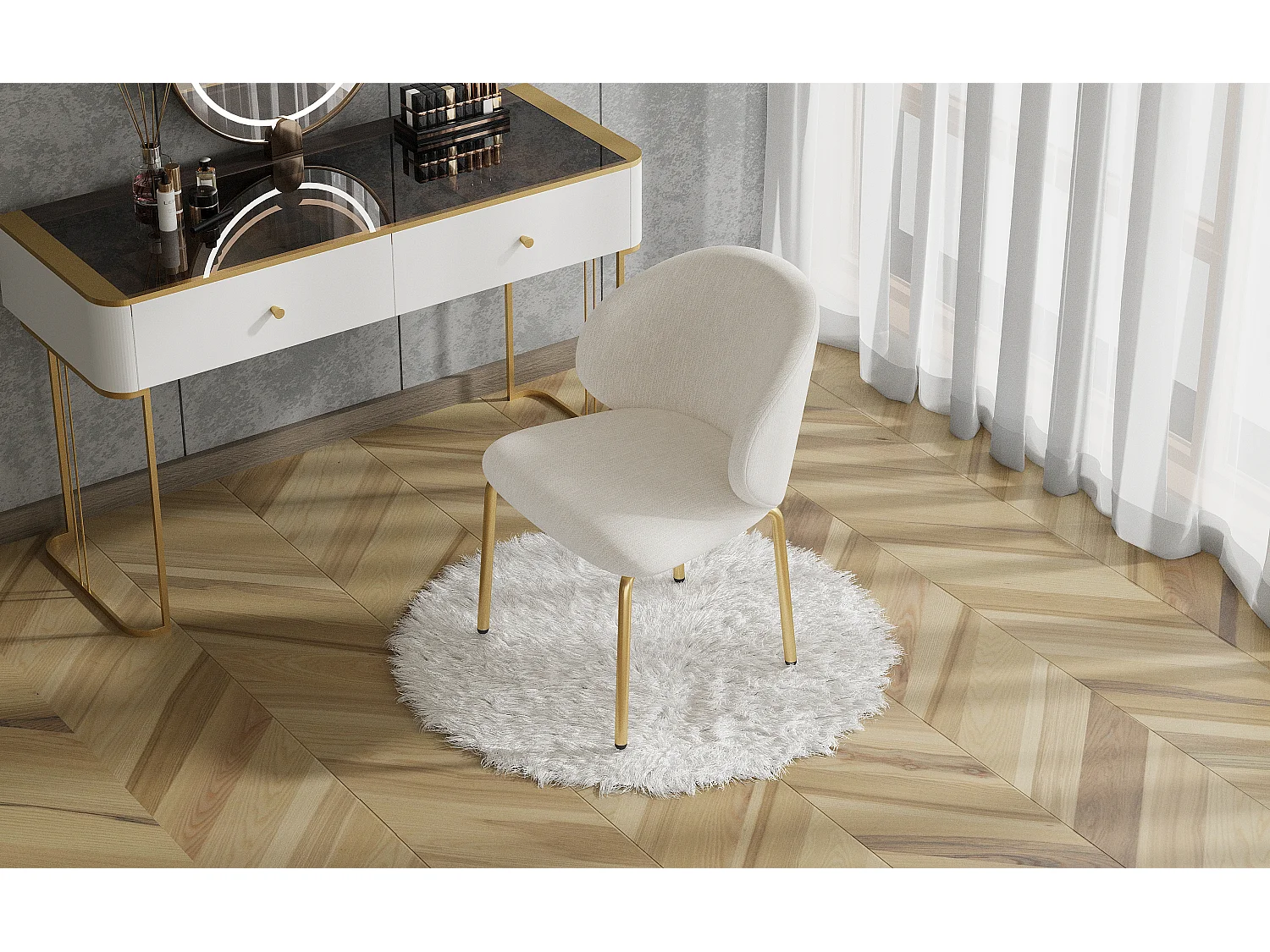 Chaise de salle à manger - 47.5 x 56 x 74 cm - chaise de coiffeuse - pieds dorés - chenille - beige