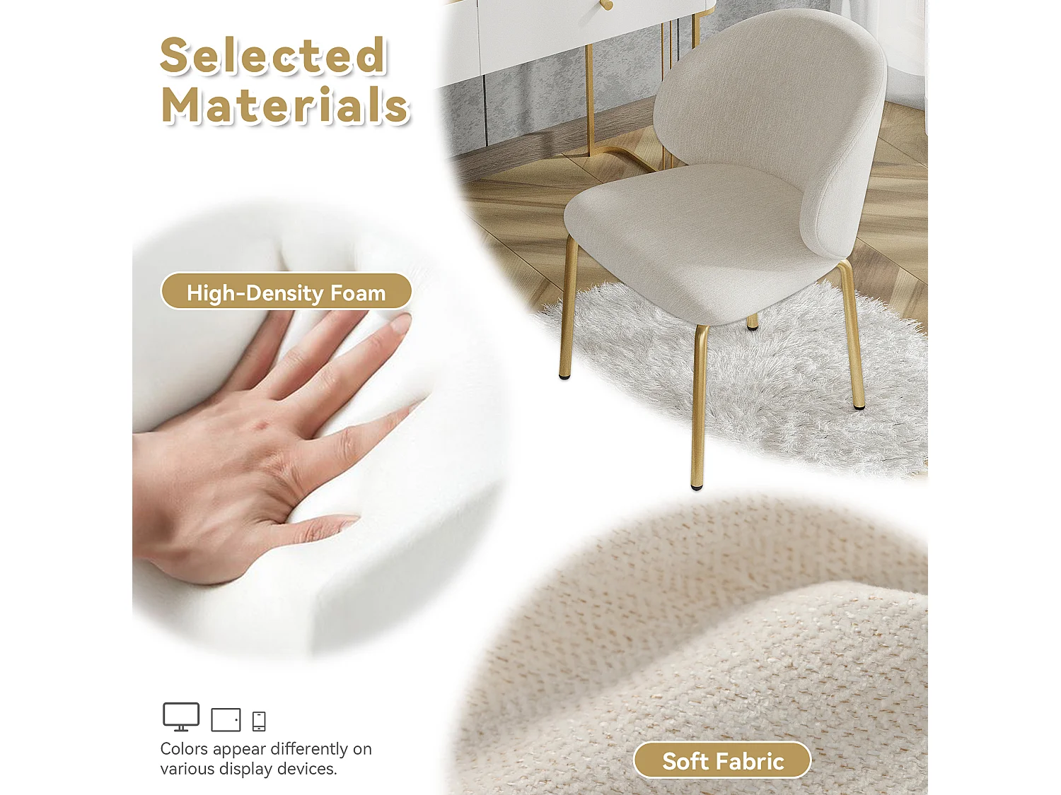 Chaise de salle à manger - 47.5 x 56 x 74 cm - chaise de coiffeuse - pieds dorés - chenille - beige