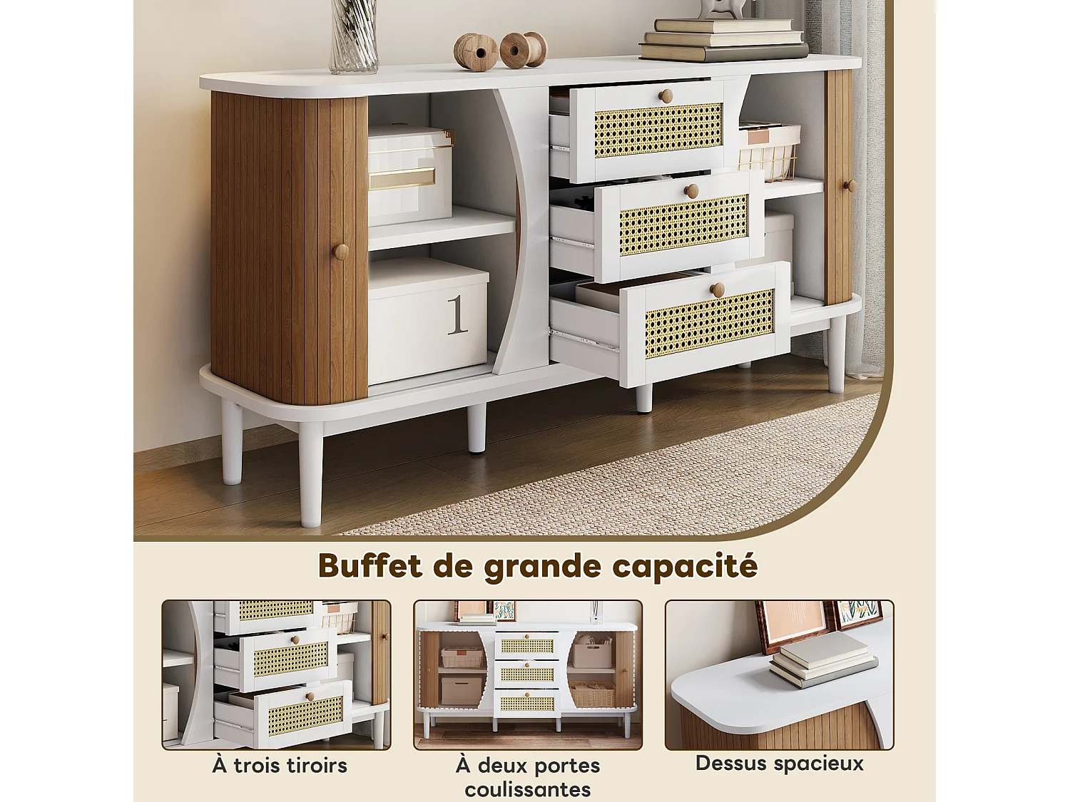 Buffet en rotin à tiroirs - 3 tiroirs et 2 portes - plateau incurvé - 140 x 40 x 76 cm