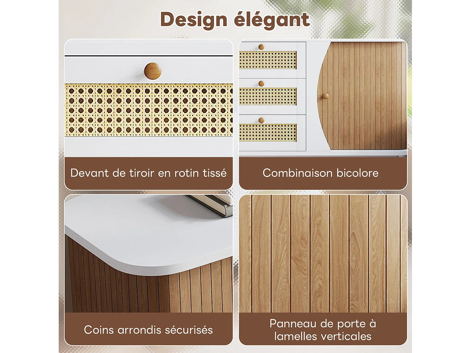 Buffet en rotin à tiroirs - 3 tiroirs et 2 portes - plateau incurvé - 140 x 40 x 76 cm