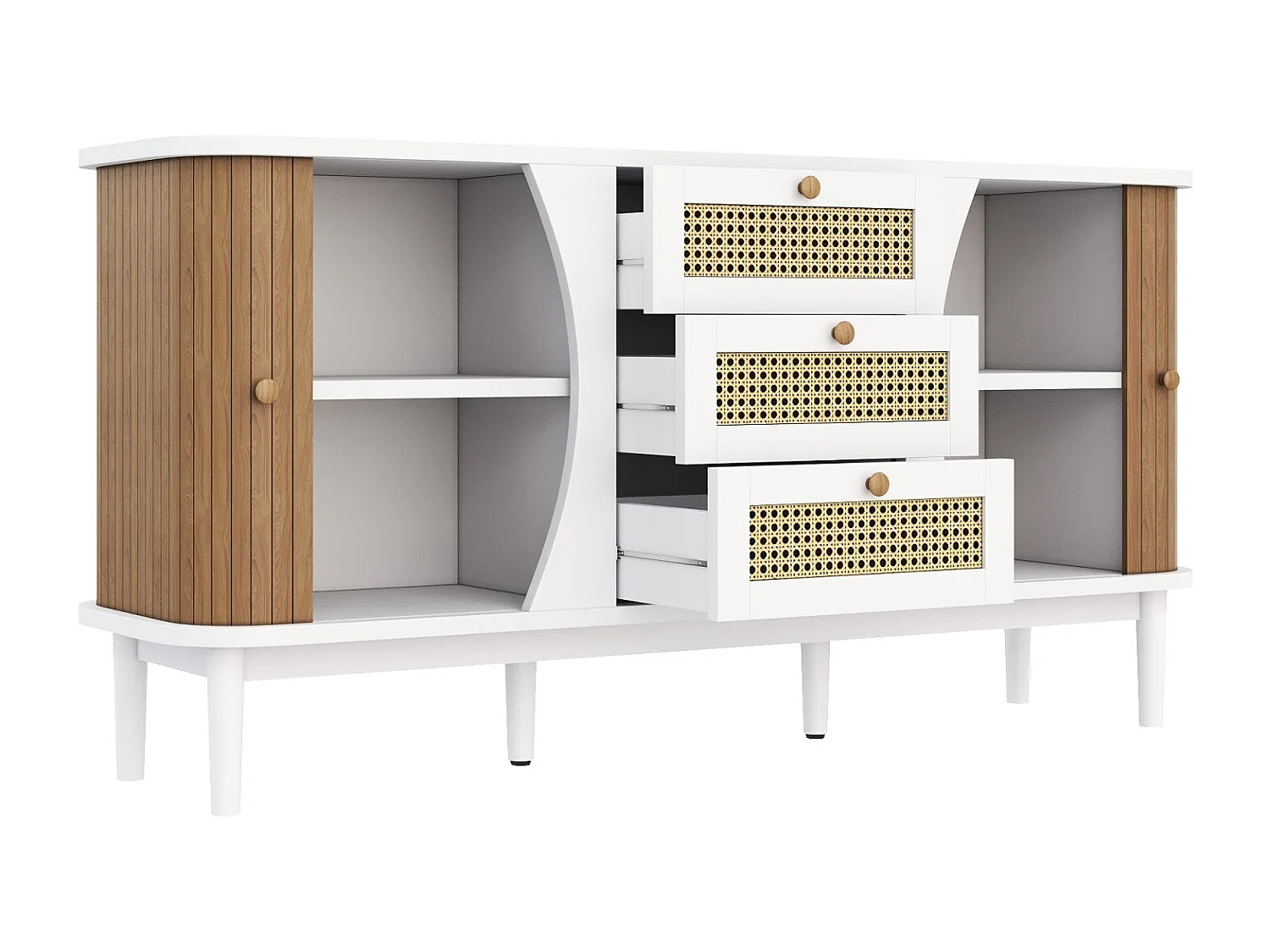 Buffet en rotin à tiroirs - 3 tiroirs et 2 portes - plateau incurvé - 140 x 40 x 76 cm