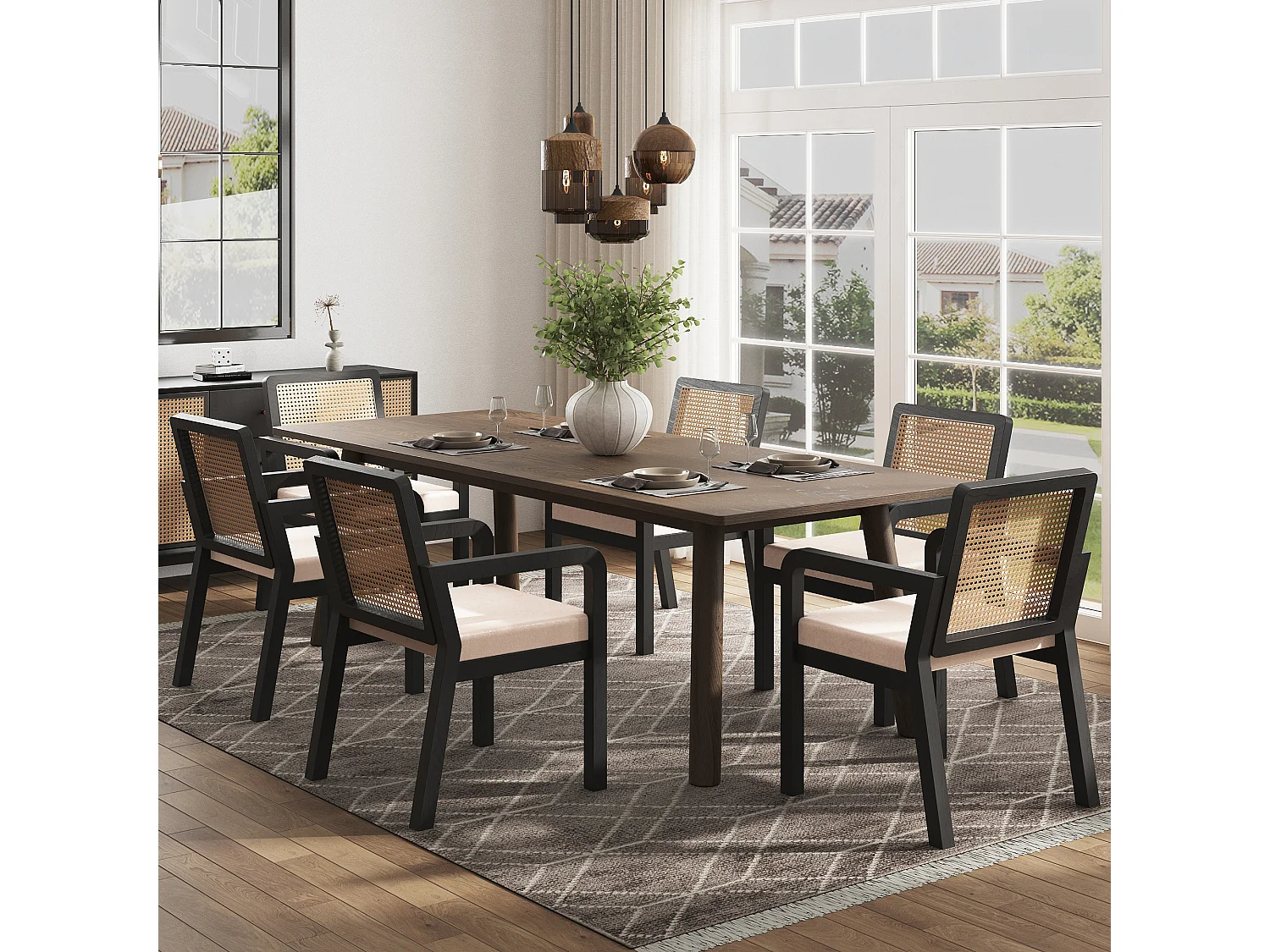 Lot de 6 chaises en velours avec dossier en rotin - Noir et naturel clair