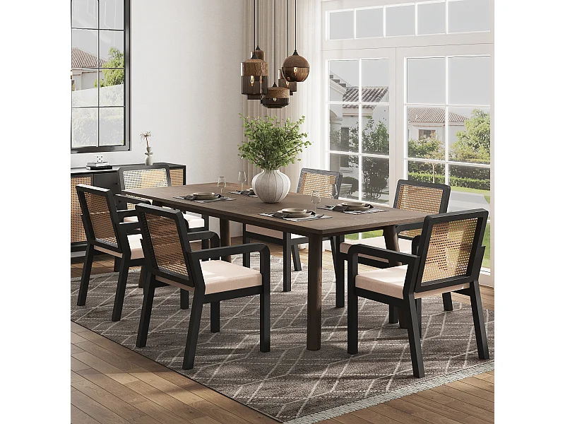 Lot de 6 chaises en velours avec dossier en rotin - Noir et naturel clair