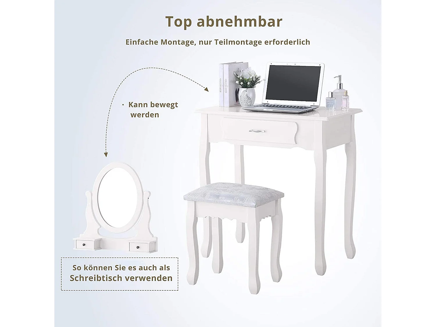 Coiffeuse avec tabouret, miroir pivotant à 360°, 3 tiroirs, style vintage, 75 x 136 x 40 cm, blanc