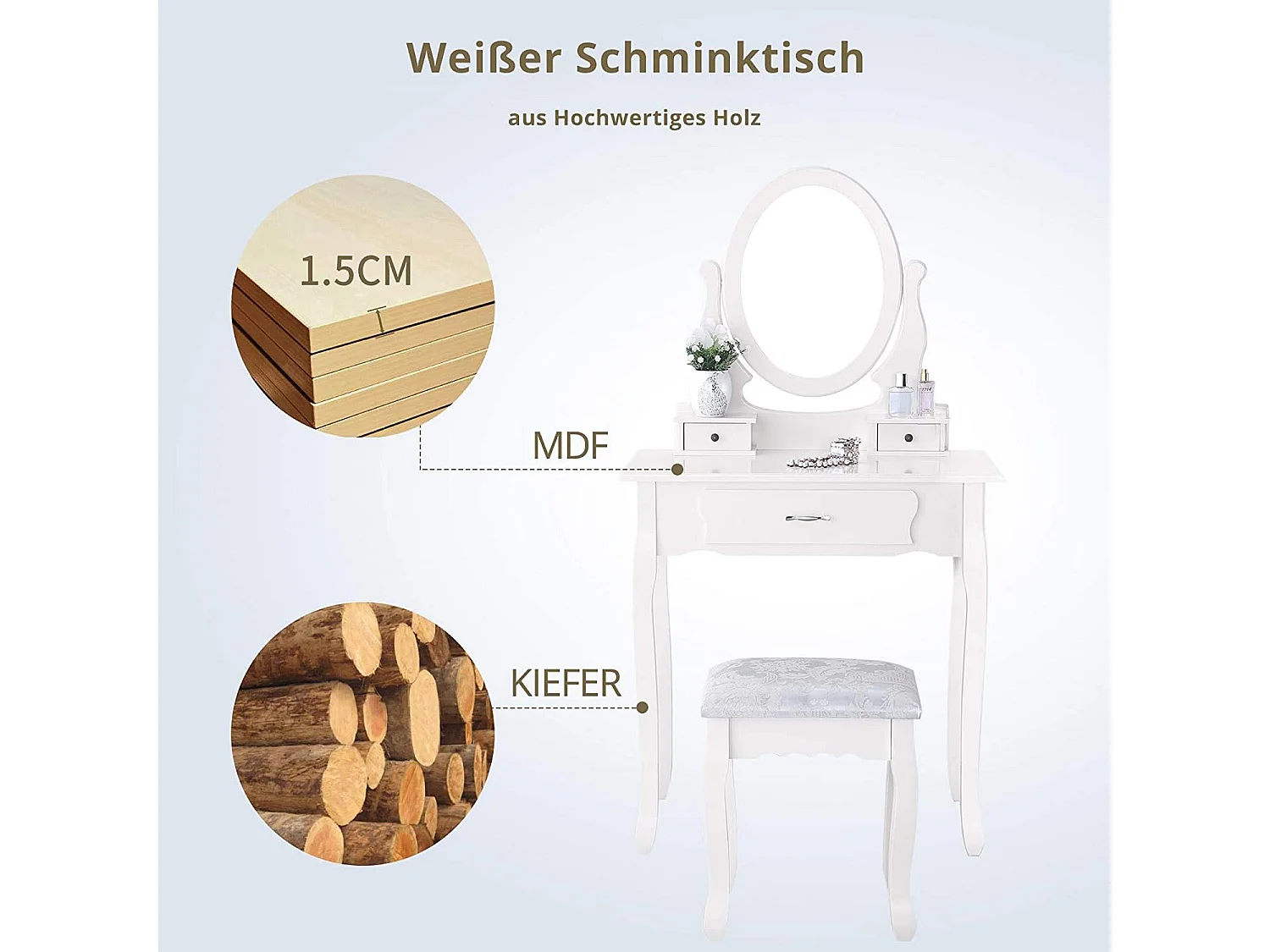 Coiffeuse avec tabouret, miroir pivotant à 360°, 3 tiroirs, style vintage, 75 x 136 x 40 cm, blanc