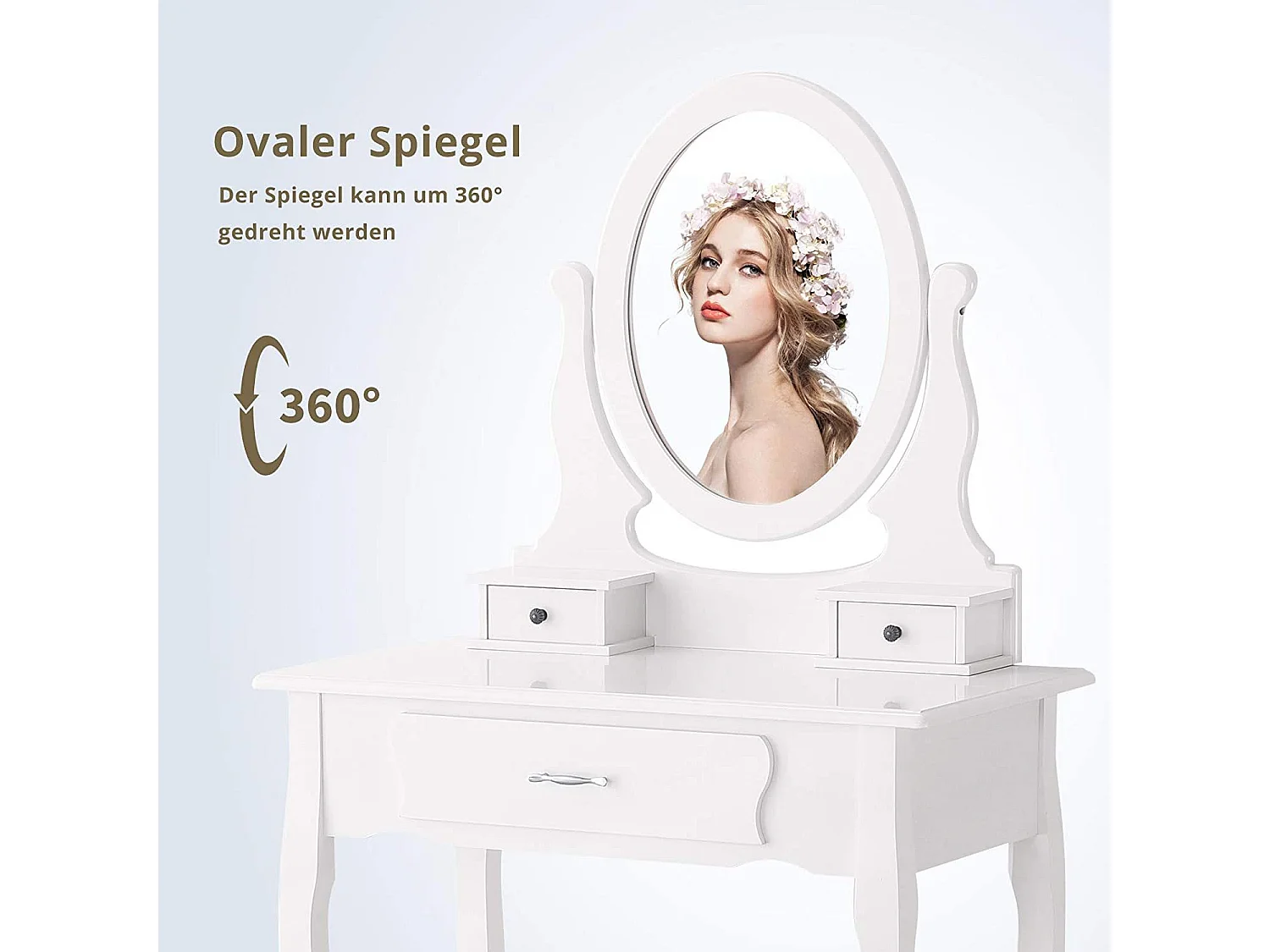Coiffeuse avec tabouret, miroir pivotant à 360°, 3 tiroirs, style vintage, 75 x 136 x 40 cm, blanc