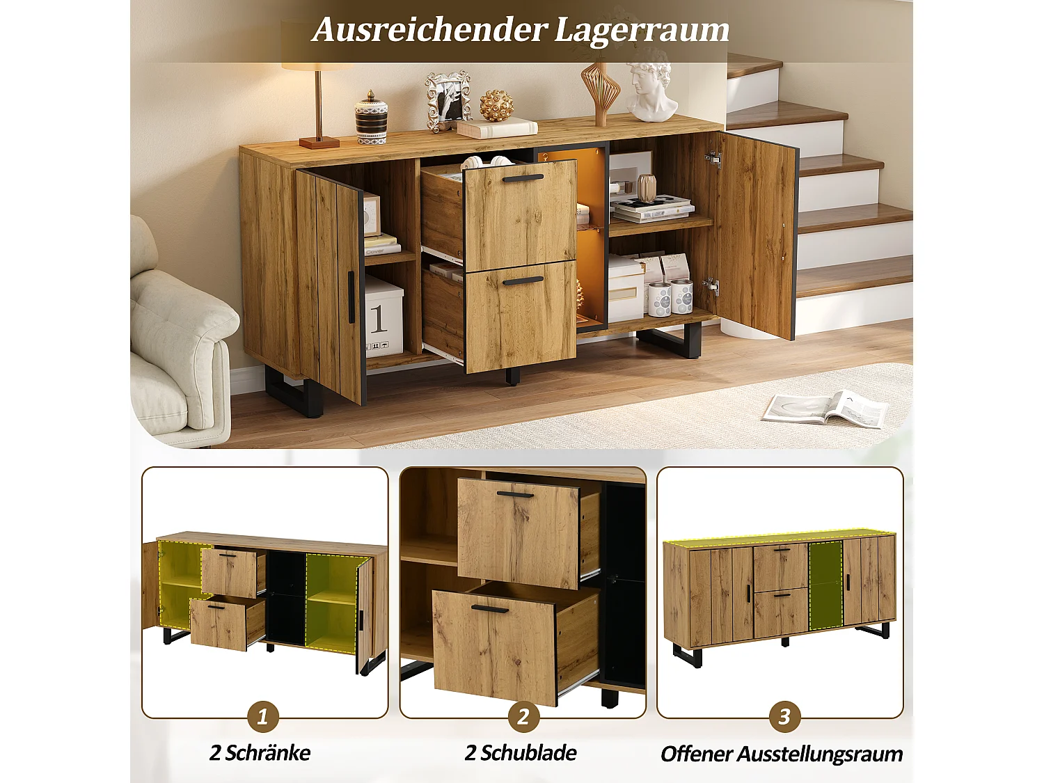 Buffet de salon - 160 x 40 x 73 cm - avec 2 tiroirs + Leds + 2 portes + étagère - MDF - naturel + noir