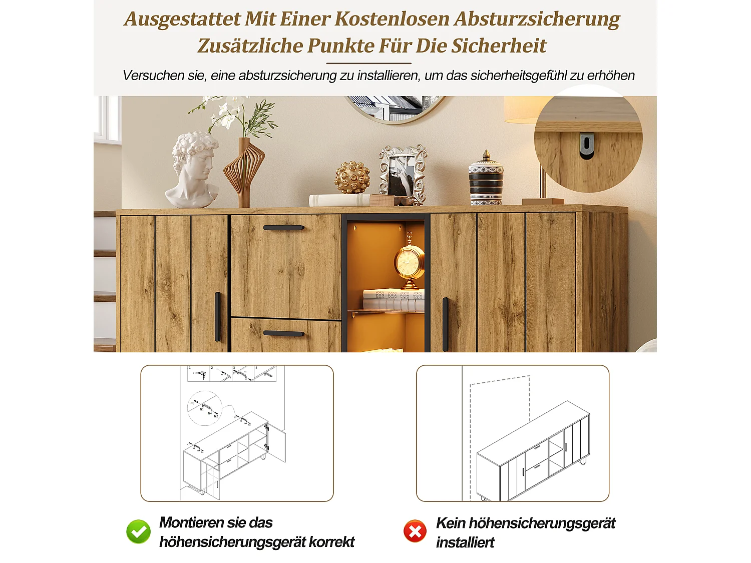 Buffet de salon - 160 x 40 x 73 cm - avec 2 tiroirs + Leds + 2 portes + étagère - MDF - naturel + noir