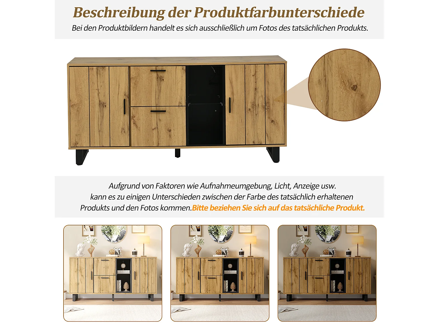 Buffet de salon - 160 x 40 x 73 cm - avec 2 tiroirs + Leds + 2 portes + étagère - MDF - naturel + noir