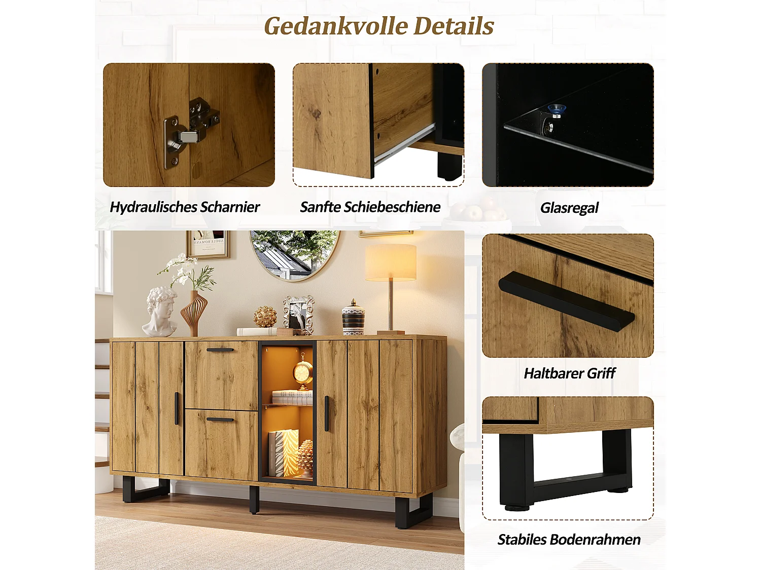 Buffet de salon - 160 x 40 x 73 cm - avec 2 tiroirs + Leds + 2 portes + étagère - MDF - naturel + noir