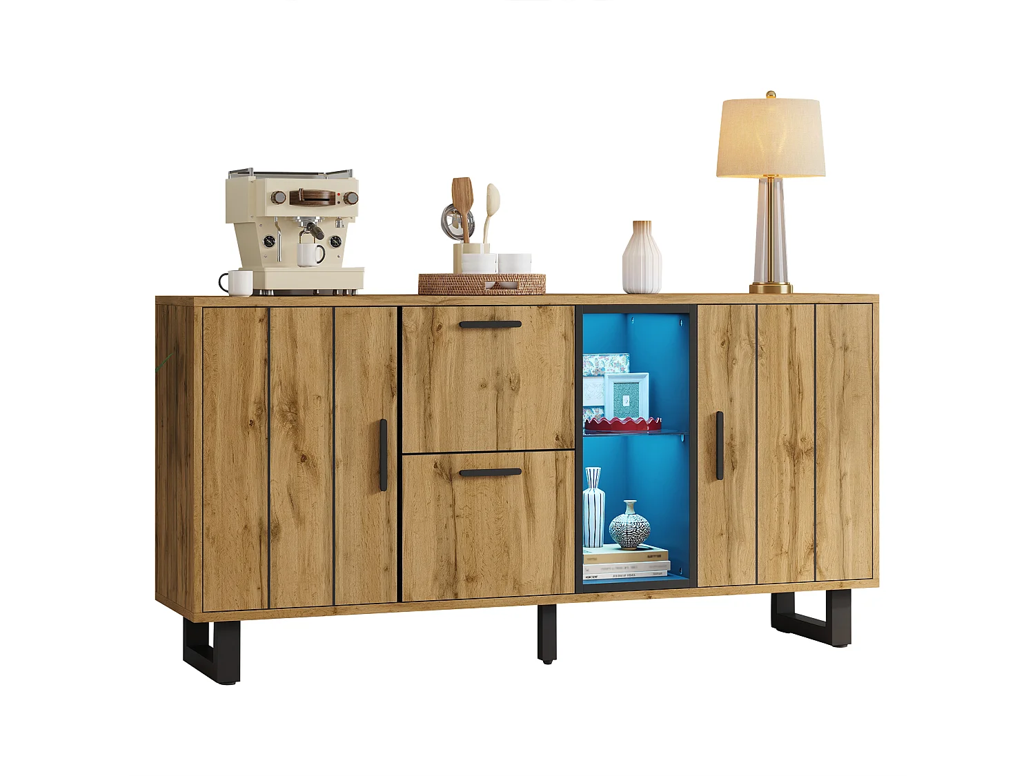 Buffet de salon - 160 x 40 x 73 cm - avec 2 tiroirs + Leds + 2 portes + étagère - MDF - naturel + noir