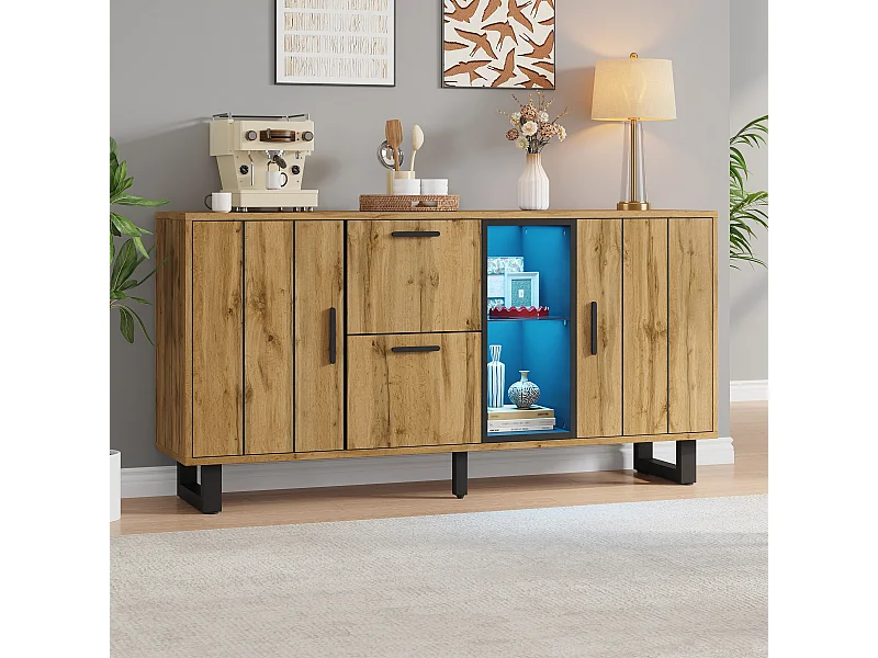 Buffet de salon - 160 x 40 x 73 cm - avec 2 tiroirs + Leds + 2 portes + étagère - MDF - naturel + noir