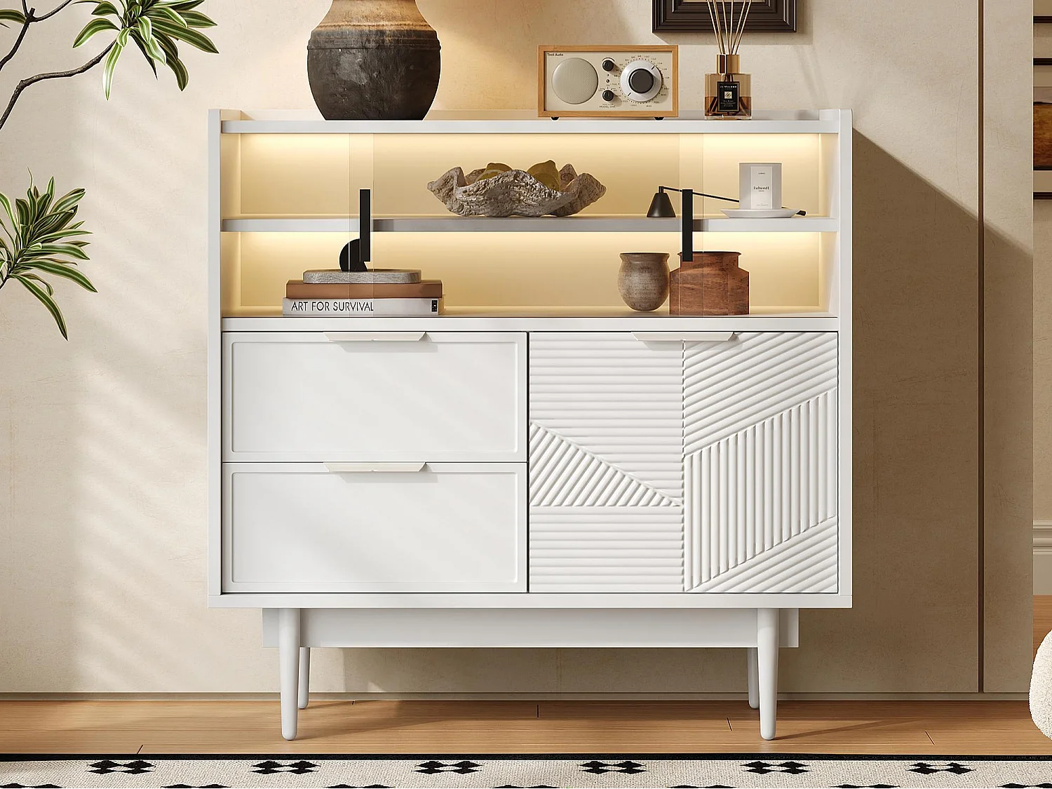 Buffet con LED - 1 porta, 2 gavetas e 2 compartimentos abertos - MDF - Preto