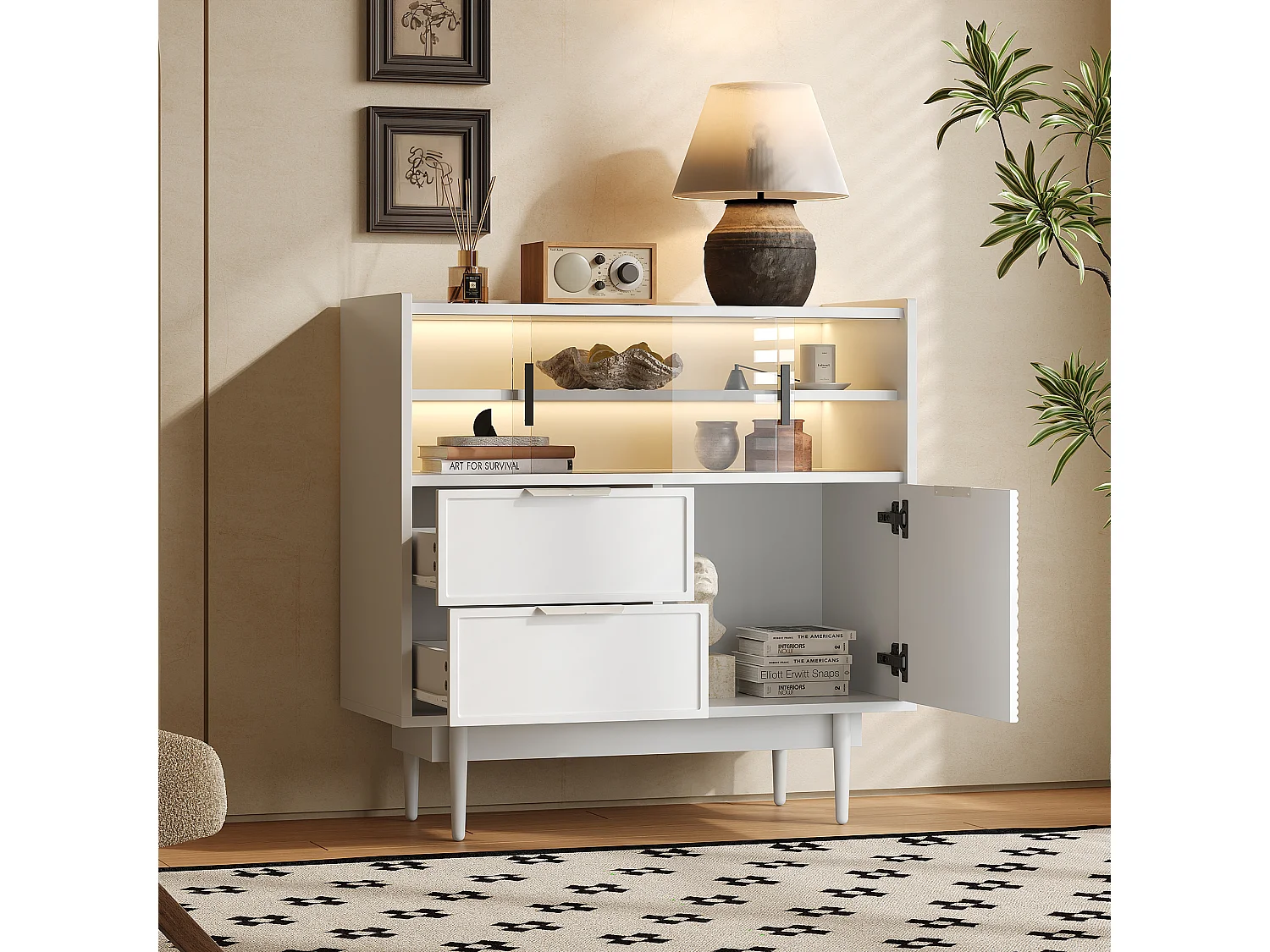 Buffet con LED - 1 porta, 2 gavetas e 2 compartimentos abertos - MDF - Preto