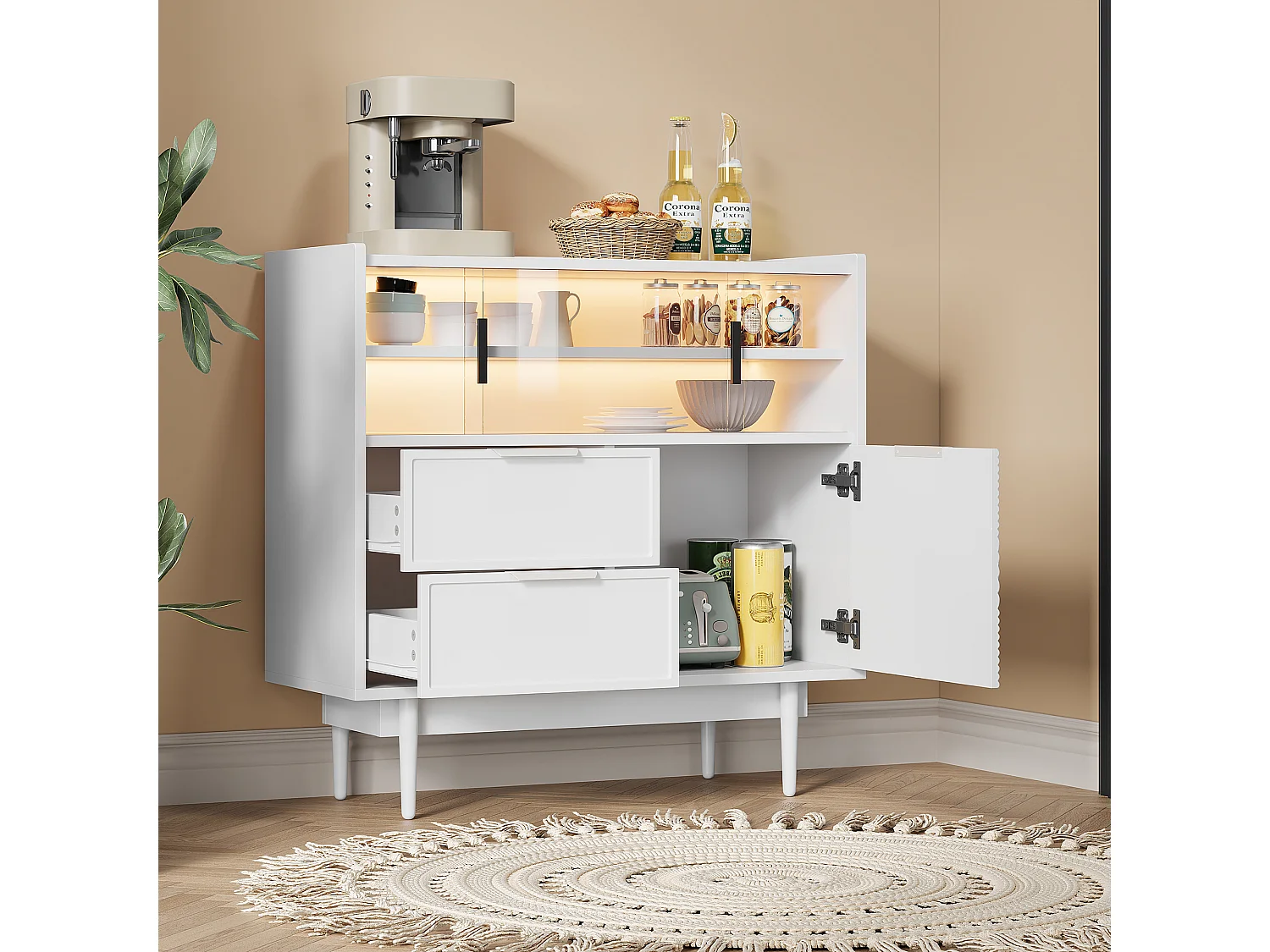 Buffet con LED - 1 porta, 2 gavetas e 2 compartimentos abertos - MDF - Preto