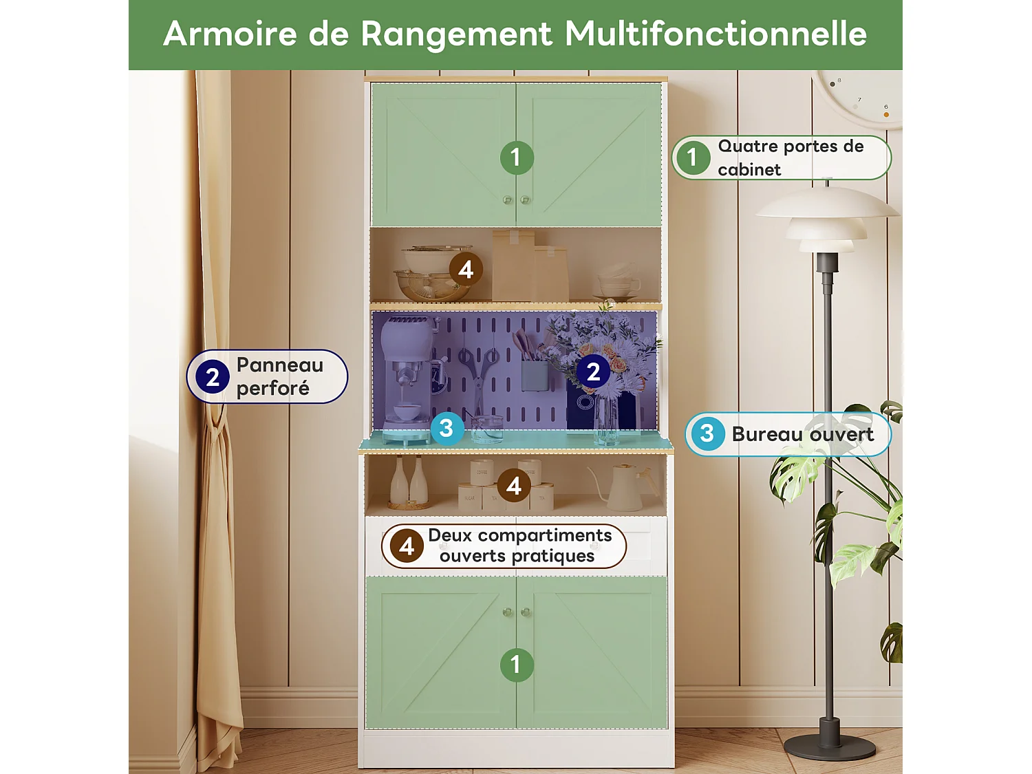 Buffet à 2 tiroirs et 4 portes - offrant un grand espace de rangement - 80 cm x 40 cm x 175 cm - blanc