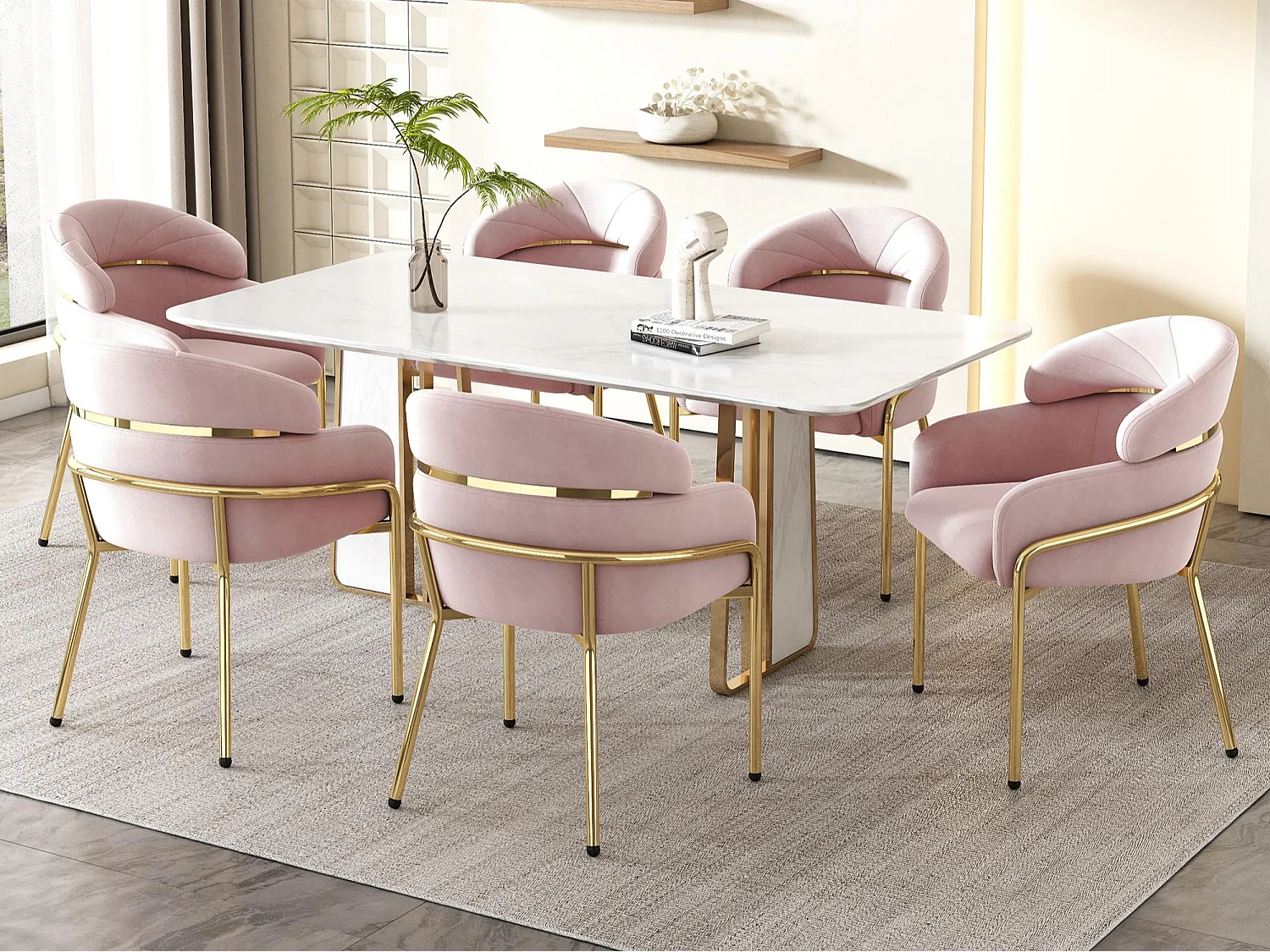 Set van 6 eetkamerstoelen - 45x53x79cm - metal poten - Fluweel stof - Roze