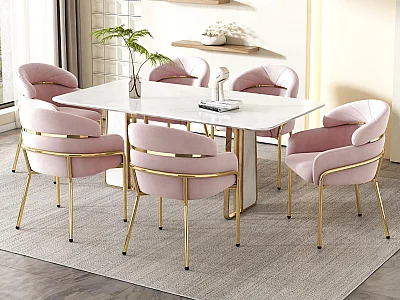 Sæt med 6 spisestole - 45x53x79cm - metalben - fløjlsstof - Pink