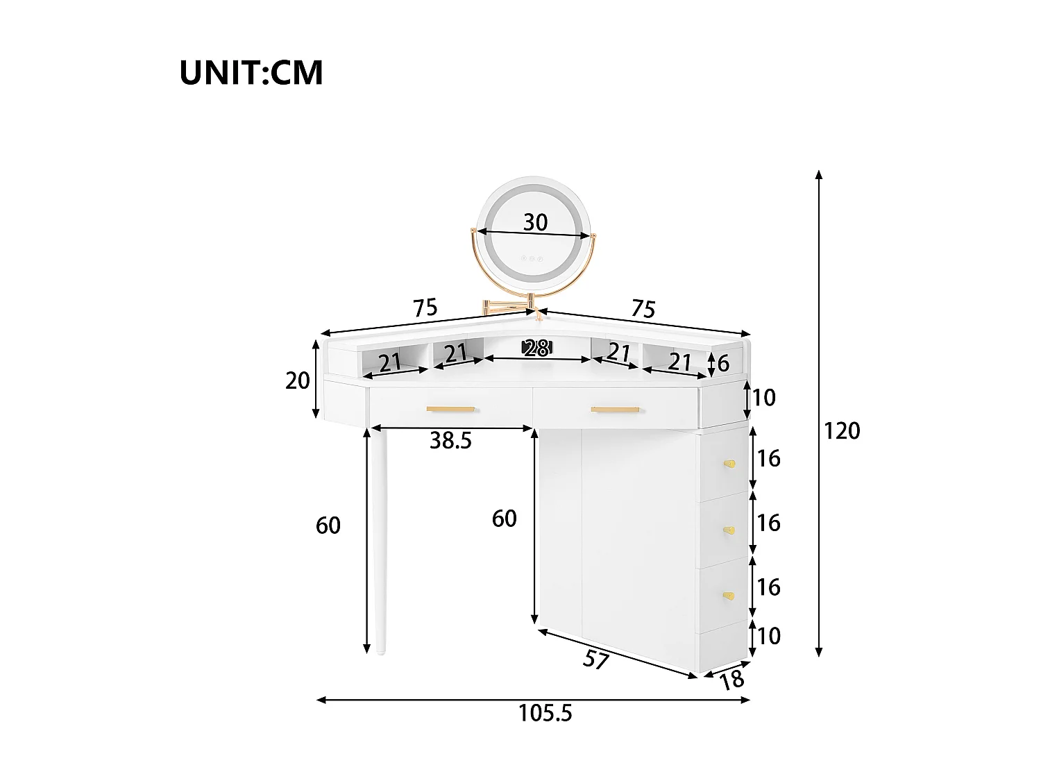 Schminktisch 105.5x75x120cm - mit verstellbarer LED - mit 5 Schubladen - mit USB- und USB-C-Anschlüssen - Weiß​ (Hocker nicht inbegriffen)