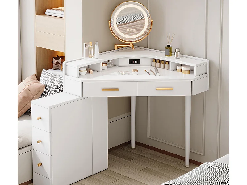 Schminktisch 105.5x75x120cm - mit verstellbarer LED - mit 5 Schubladen - mit USB- und USB-C-Anschlüssen - Weiß​ (Hocker nicht inbegriffen)
