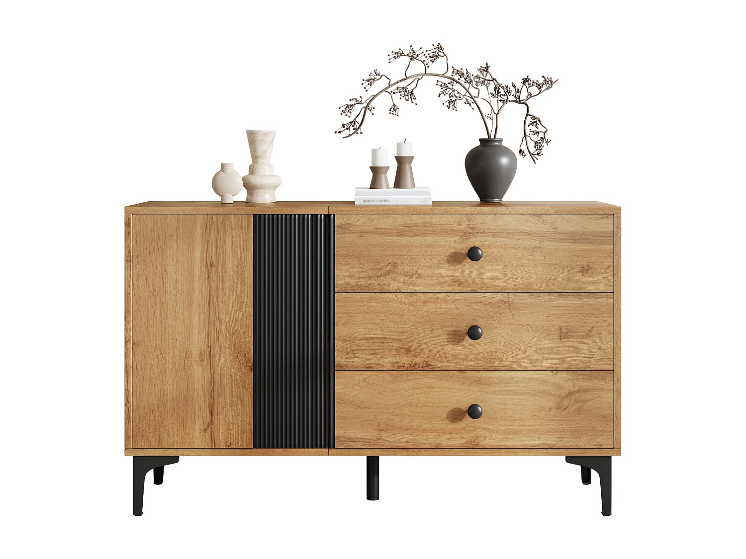 Buffet moderne et simple - 120 x 35 x 76 cm - avec 1 porte + 3 tiroirs - pour salon - aggloméré - noir + naturel