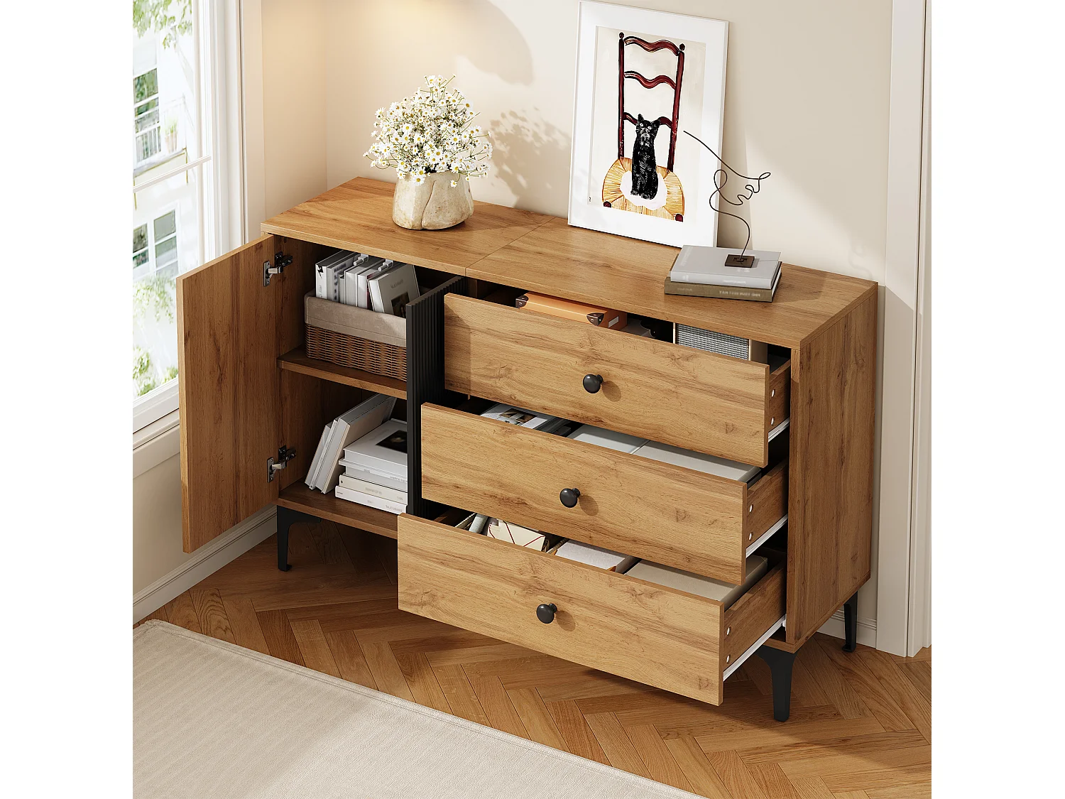 Buffet moderne et simple - 120 x 35 x 76 cm - avec 1 porte + 3 tiroirs - pour salon - aggloméré - noir + naturel