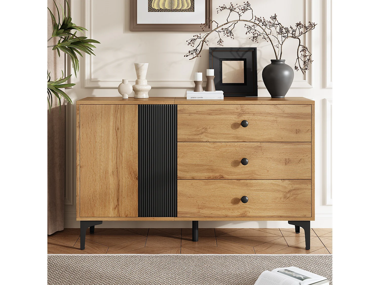 Buffet moderne et simple - 120 x 35 x 76 cm - avec 1 porte + 3 tiroirs - pour salon - aggloméré - noir + naturel