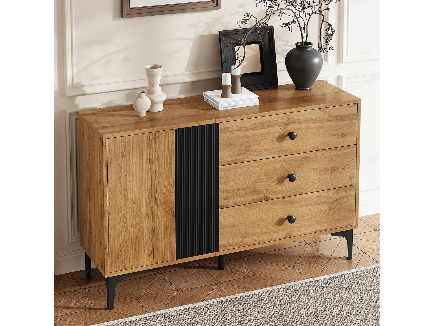 Buffet moderne et simple - 120 x 35 x 76 cm - avec 1 porte + 3 tiroirs - pour salon - aggloméré - noir + naturel