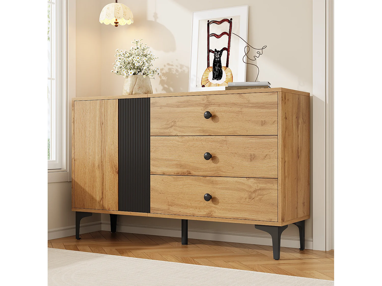 Buffet moderne et simple - 120 x 35 x 76 cm - avec 1 porte + 3 tiroirs - pour salon - aggloméré - noir + naturel