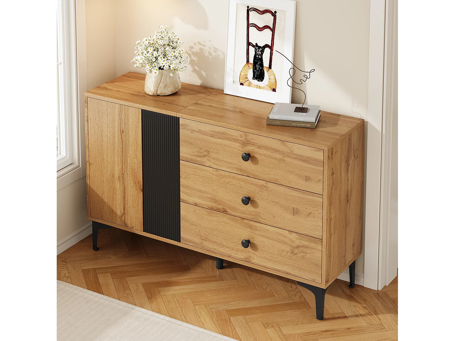 Buffet moderne et simple - 120 x 35 x 76 cm - avec 1 porte + 3 tiroirs - pour salon - aggloméré - noir + naturel
