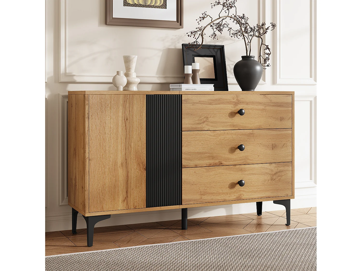 Buffet moderne et simple - 120 x 35 x 76 cm - avec 1 porte + 3 tiroirs - pour salon - aggloméré - noir + naturel