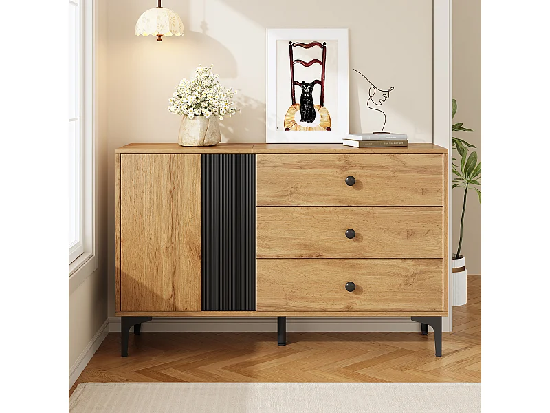 Modernes und schlichtes Sideboard – 120 x 35 x 76 cm – mit 1 Tür und 3 Schubladen – fürs Wohnzimmer – Spanplatte – schwarz + natur