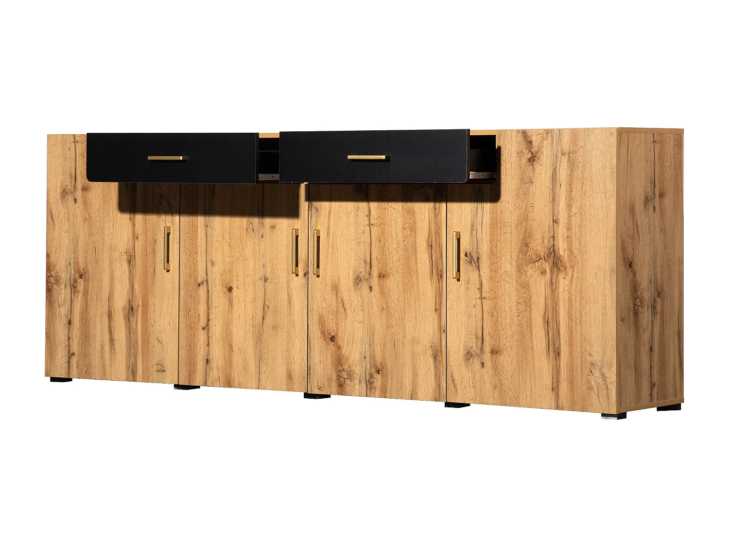 Buffet avec 4 portes et 2 tiroirs - Bois en PB - Naturel clair et noir