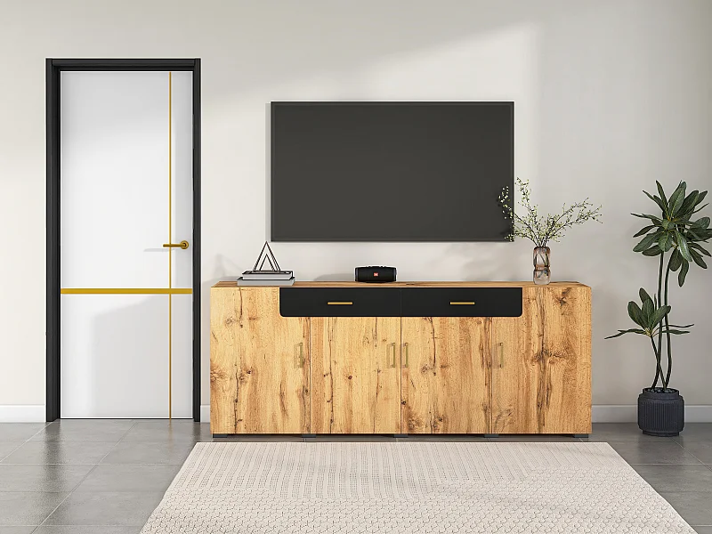 Buffet avec 4 portes et 2 tiroirs - Bois en PB - Naturel clair et noir