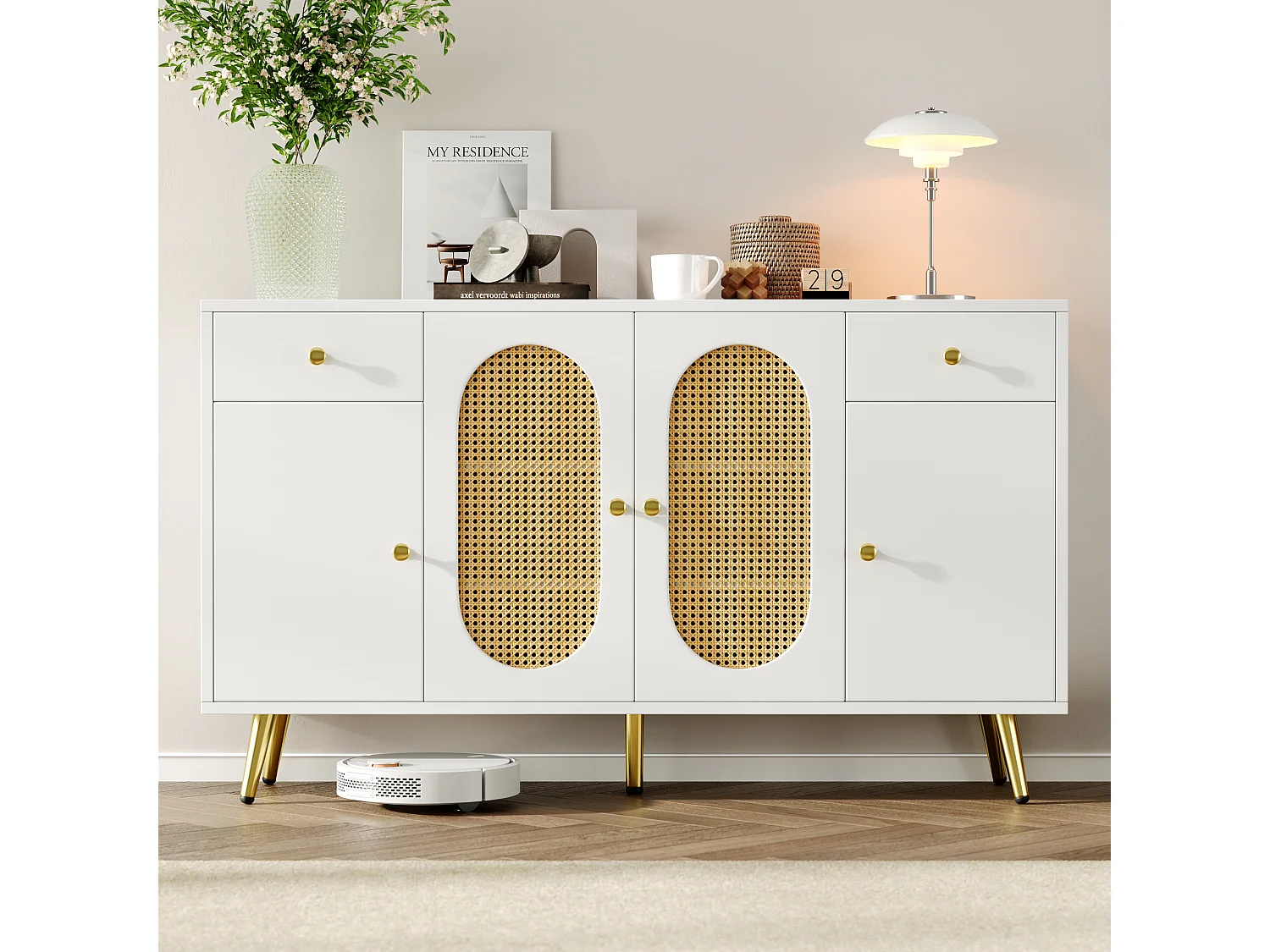 Buffet moderne 140x30x82cm - avec 2 tiroirs et 4 portes - aspect rotin - avec des étagères réglables - blanc + naturel